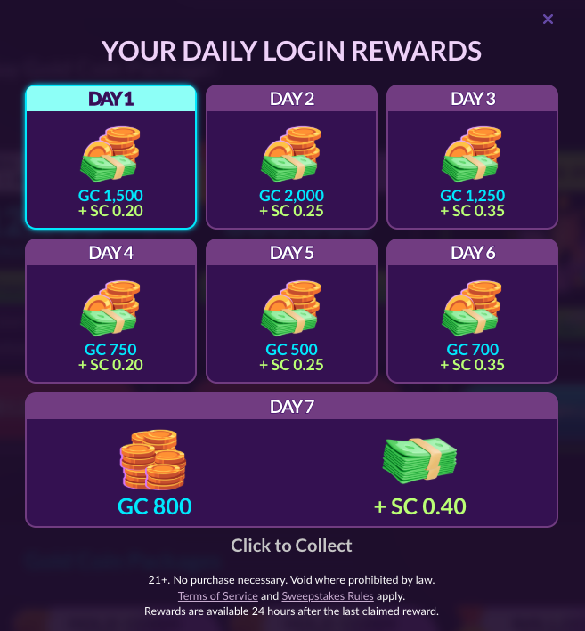 PlayFame's daily reward structure